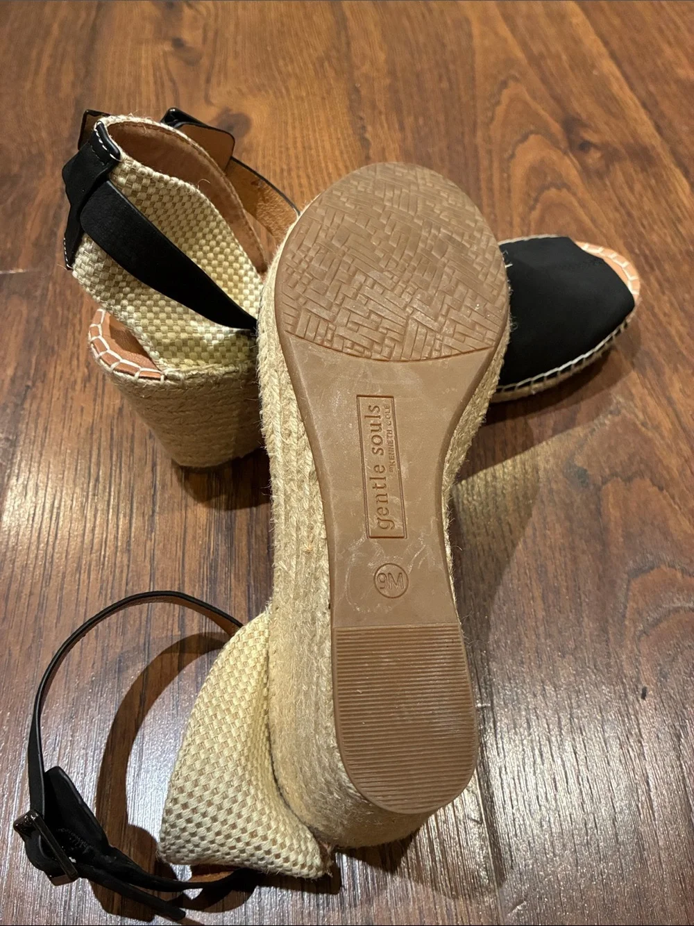 gentle souls Black Leather Espadrille Wedge Sandals with Ankle Strap